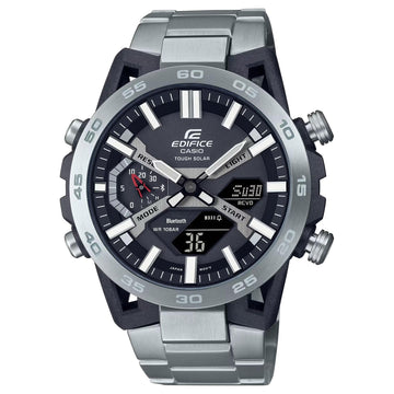 Ρολόι Solar Smart Casio Edifice Sospensione ECB-2000D-1AEF με ασημί ατσάλινο μπρασελέ και μαύρο καντράν διαμέτρου 47,8mm σε στρογγυλό σχημα.